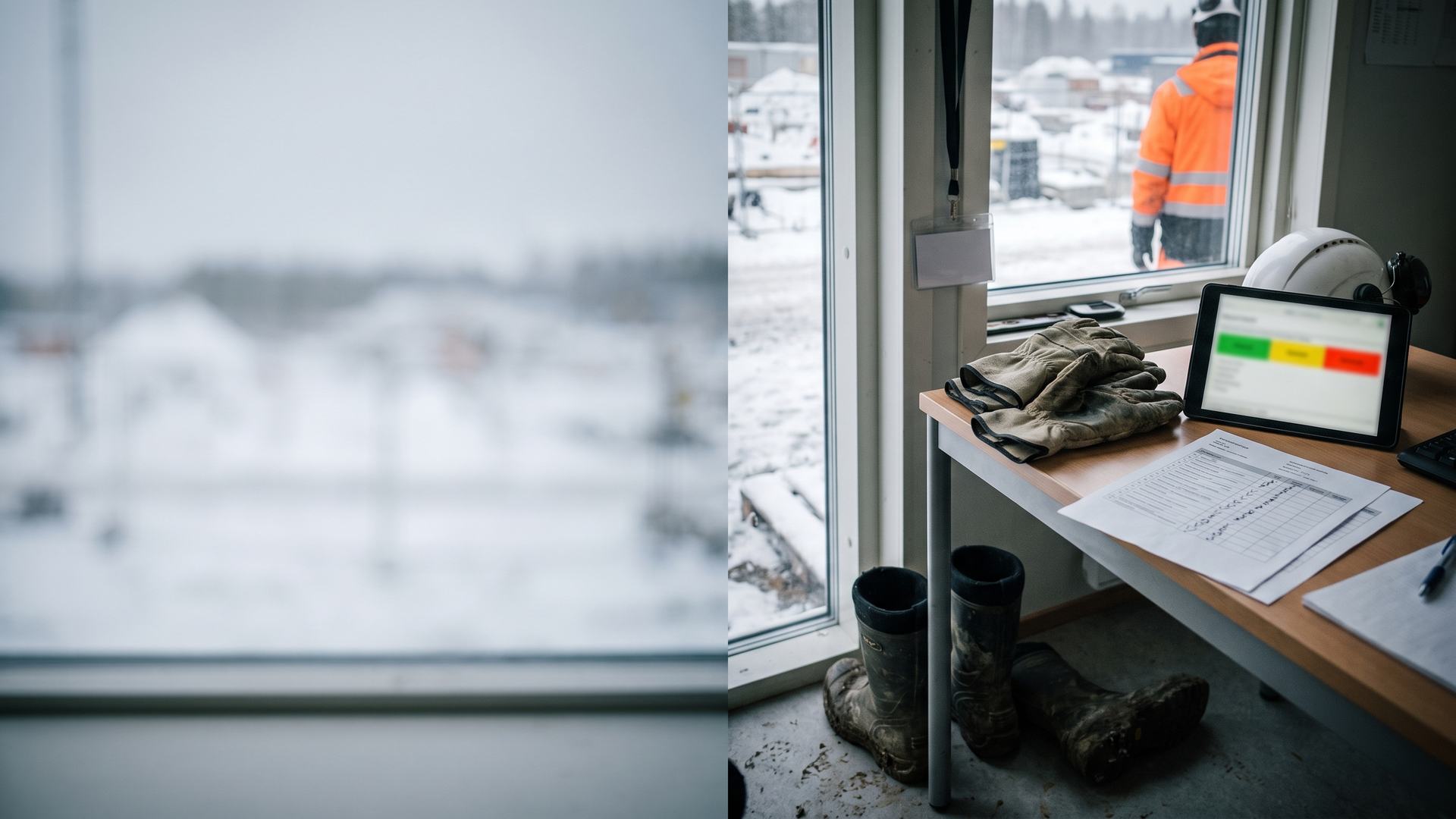 Site coordinator desk with safety helmet, photo ID card and a tablet showing a worker compliance status list — construction workforce compliance in Finland