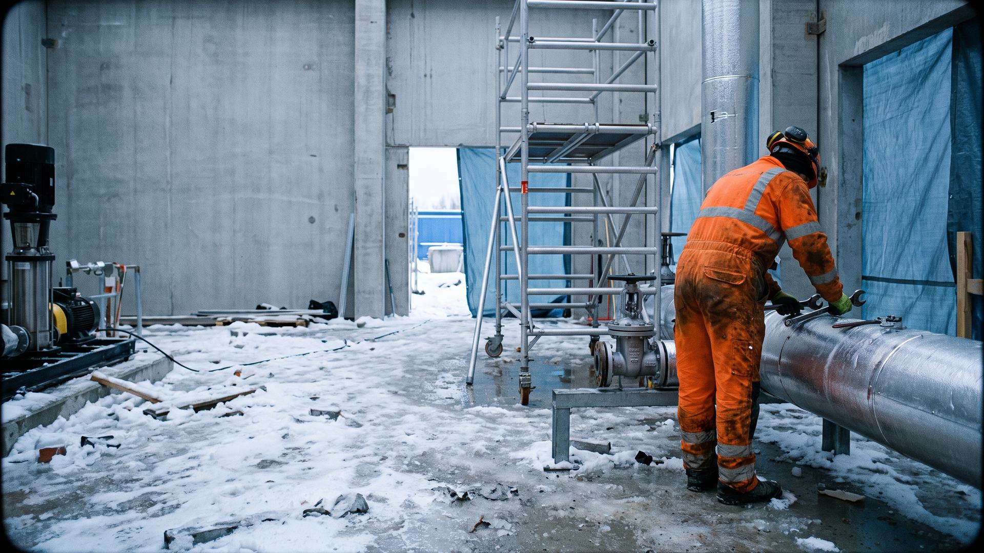 Pipefitter working on chilled-water pipework in a data centre plant room in Finland — HVAC and pipefitting jobs