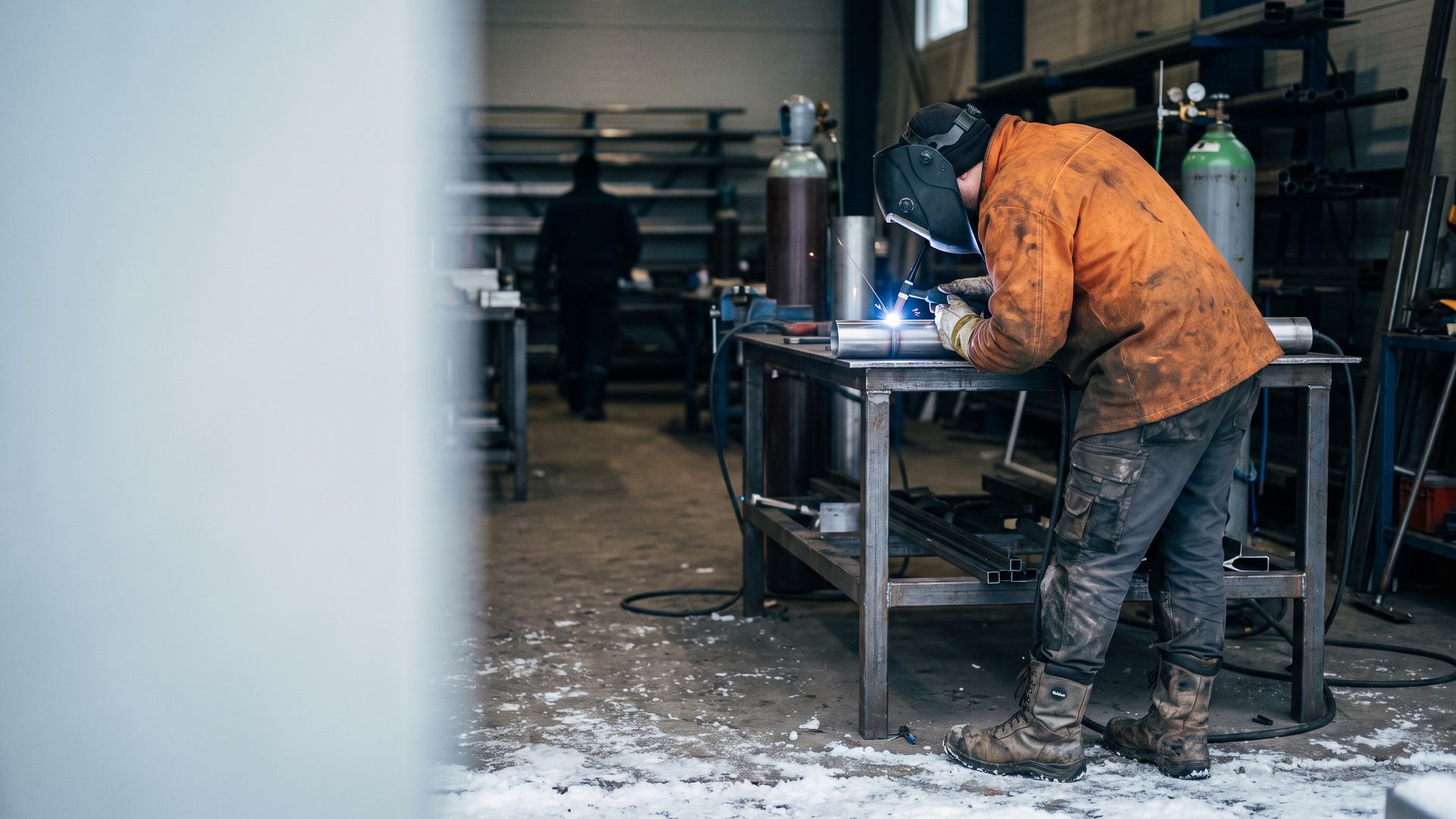 TIG welder welding stainless steel pipe in a prefabrication workshop — pipe welding jobs in Finland