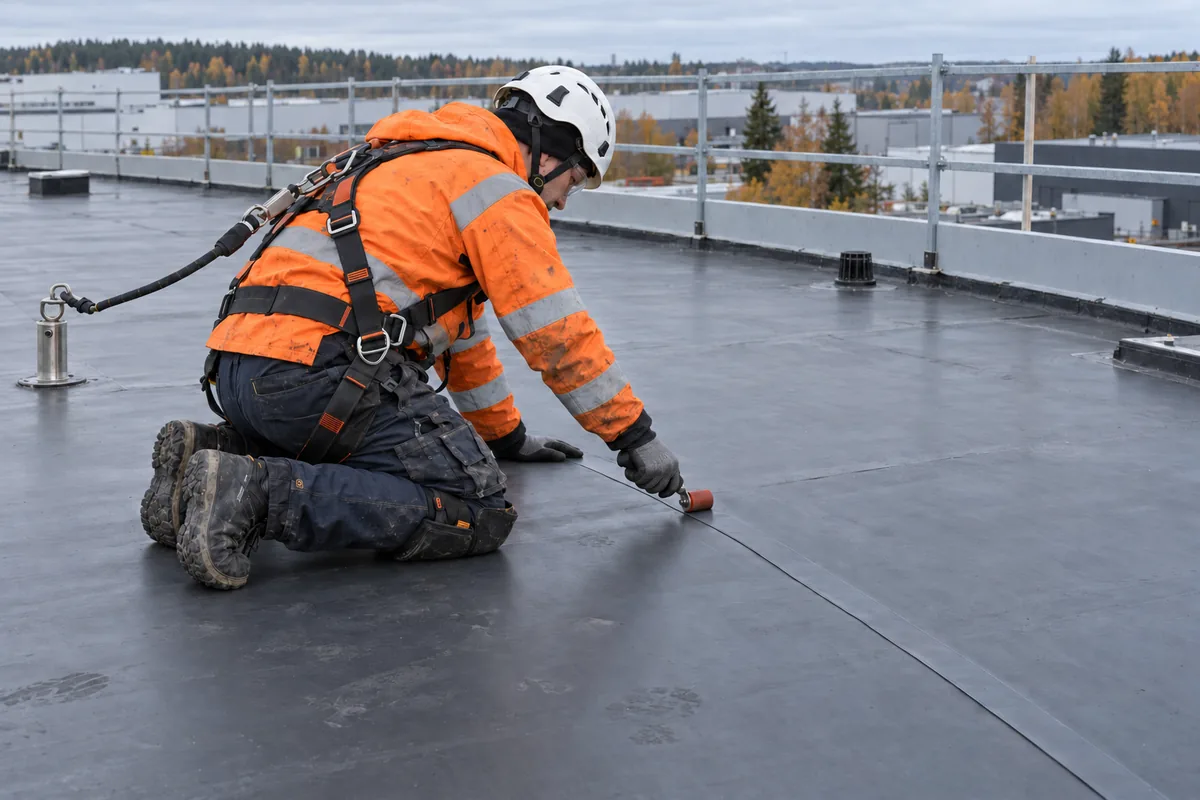 Kattotyöntekijä viimeistelee kalvokatteen saumaa telalla turvavaljaisiin kiinnitettynä.