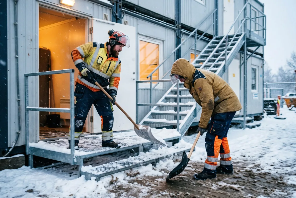 Kaksi työntekijää poistaa lunta työmaatilojen sisäänkäynniltä ja portailta.