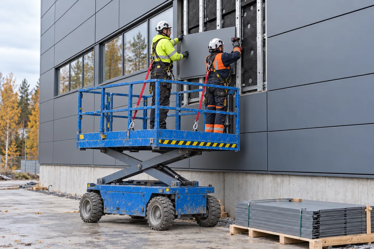 A facade cassette is installed from an access platform.