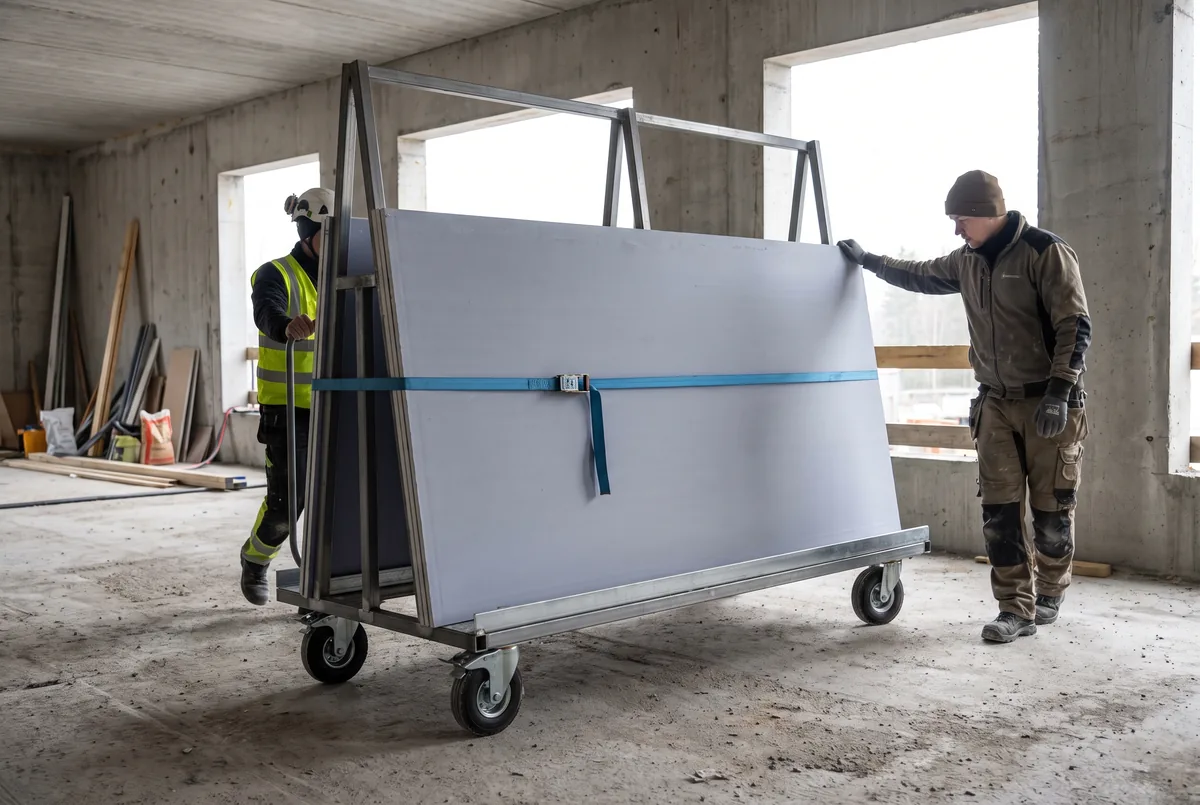 Two workers move building boards on a board trolley.