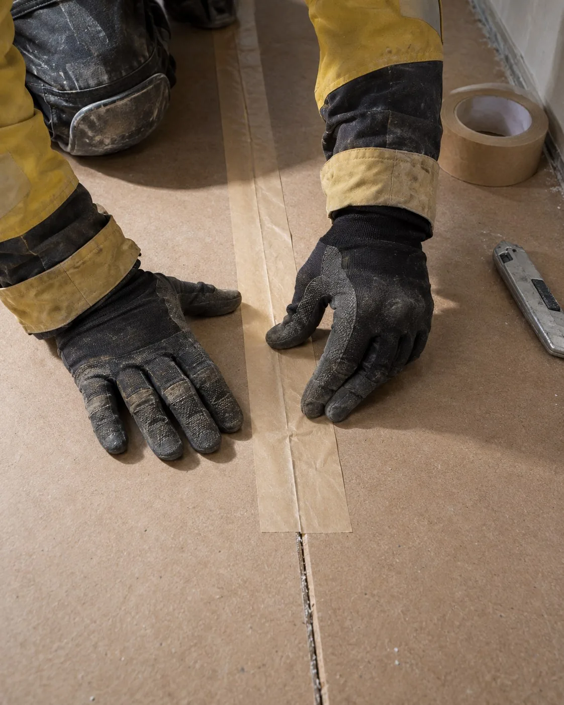 A worker presses tape onto a joint between floor protection boards.